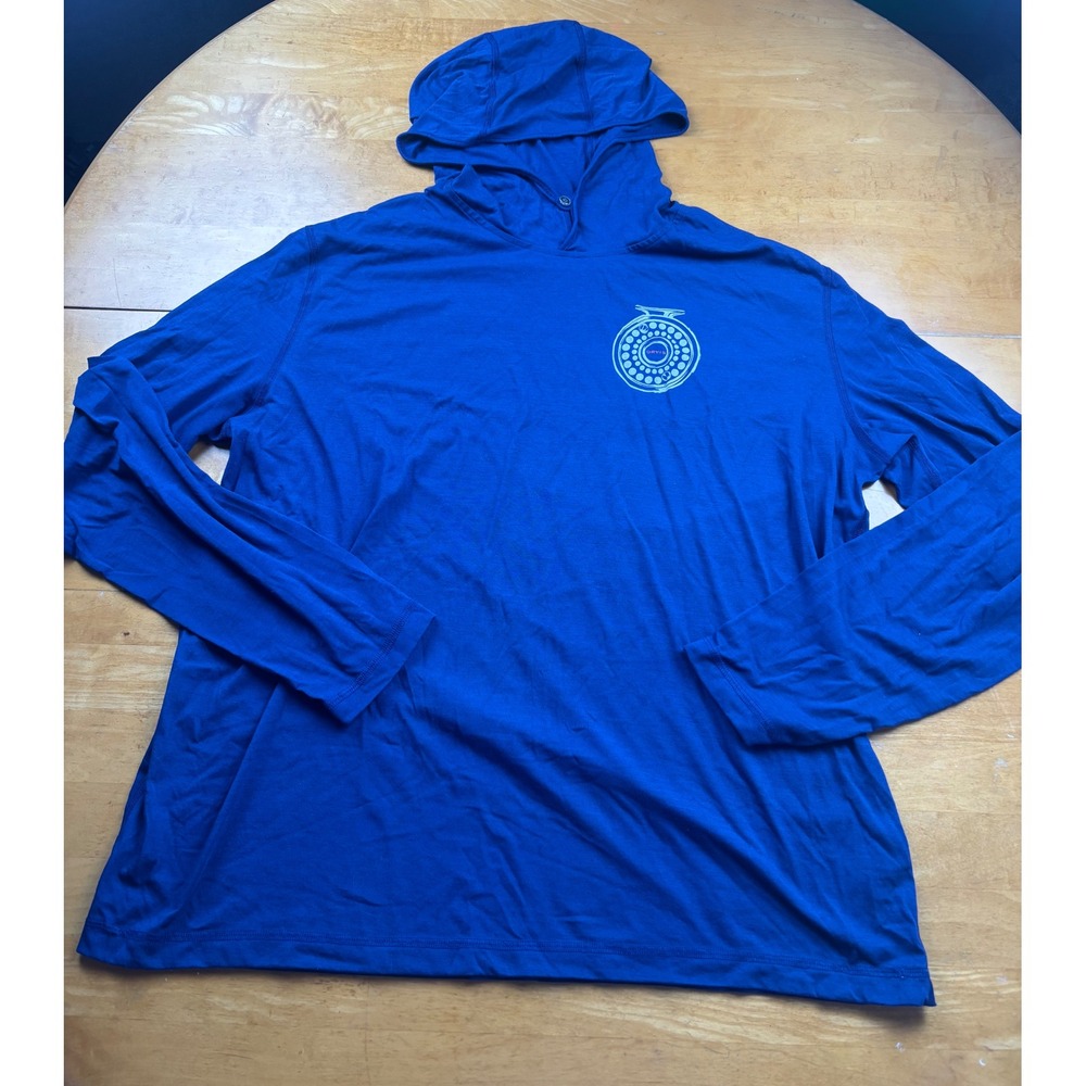 Orvis Mens Blue Fly Fishing Trout Graphic Hoodie Shirt XL Long Sleeve